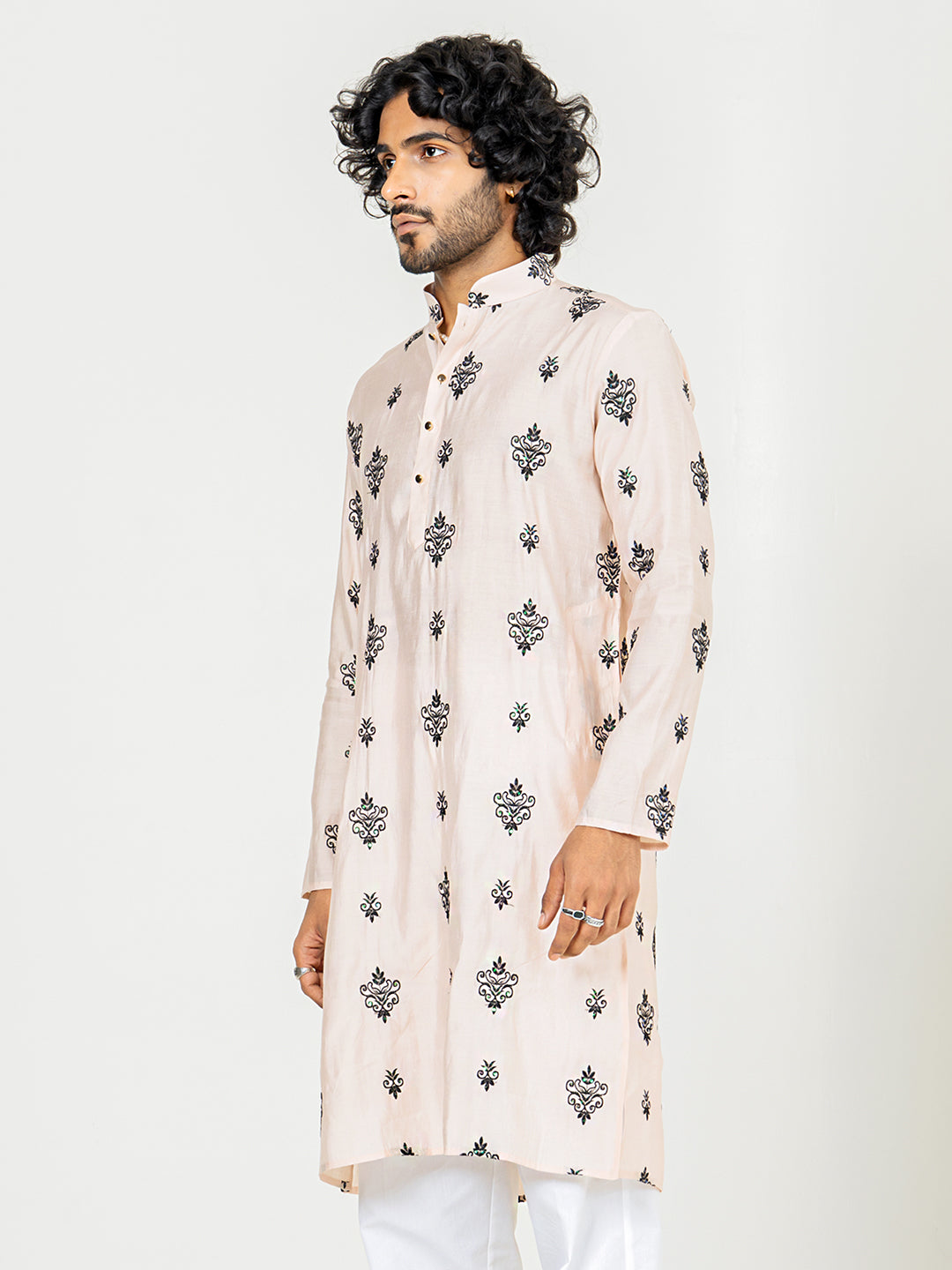 Beige Embroidered Kurta For Men