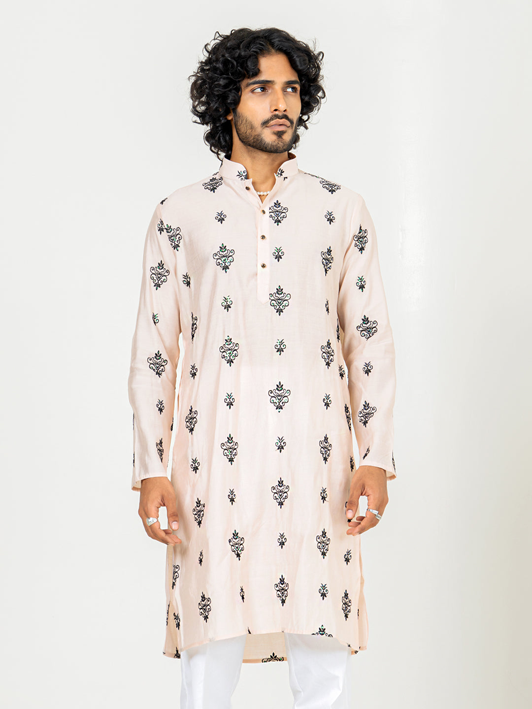 Beige Embroidered Kurta For Men