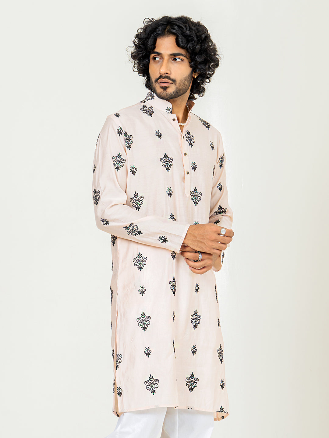 Beige Embroidered Kurta For Men