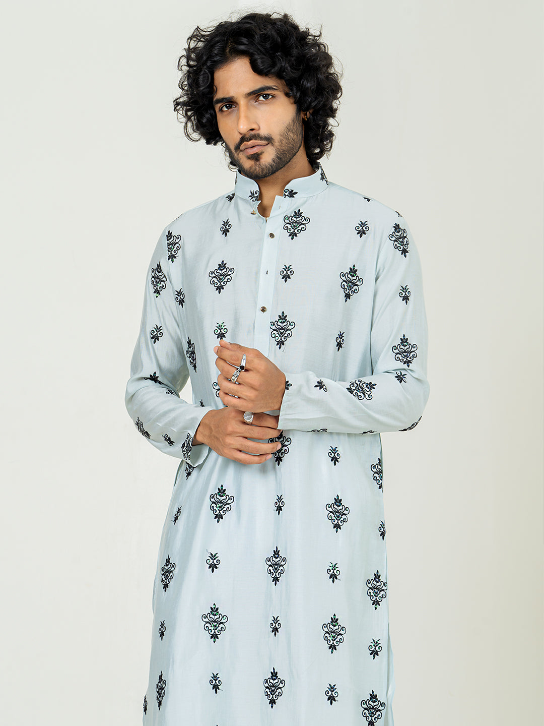 Sky Blue Embroidered Kurta For Men