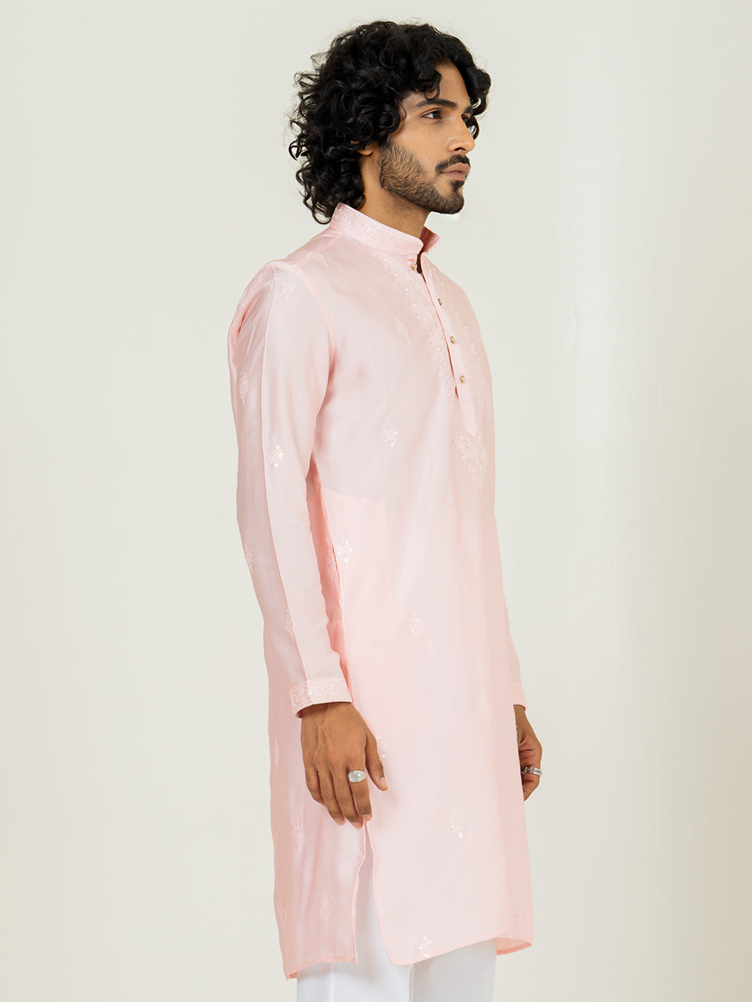 Pink Heavy Embroidered Kurta For Men