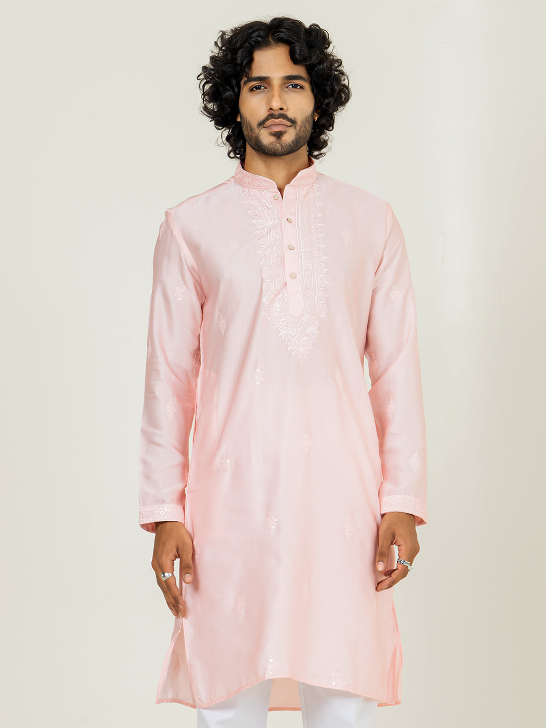 Pink Heavy Embroidered Kurta For Men