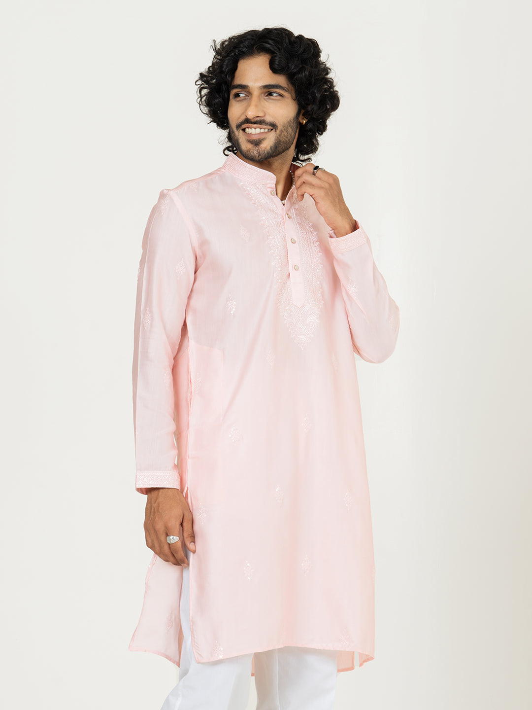 Pink Heavy Embroidered Kurta For Men