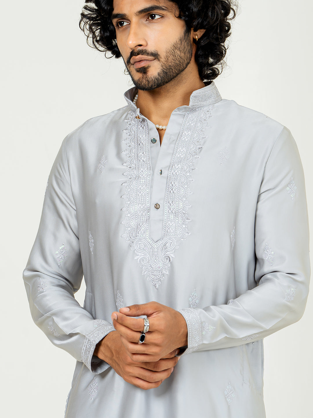 Grey Heavy Embroidered Kurta For Men