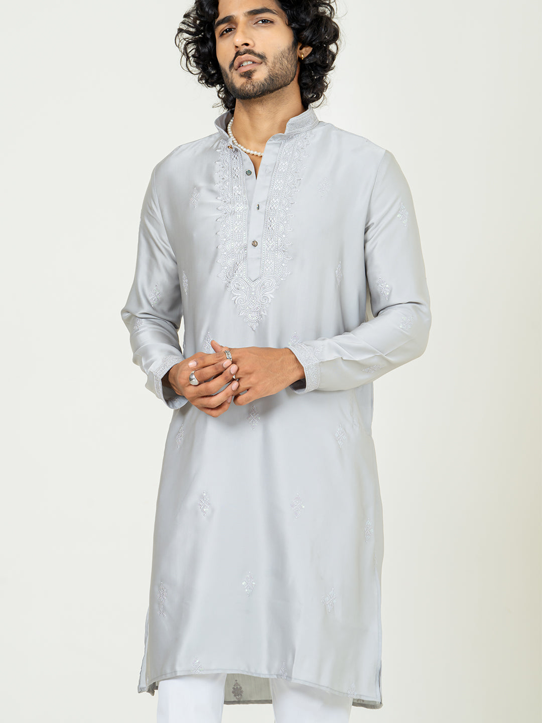 Grey Heavy Embroidered Kurta For Men