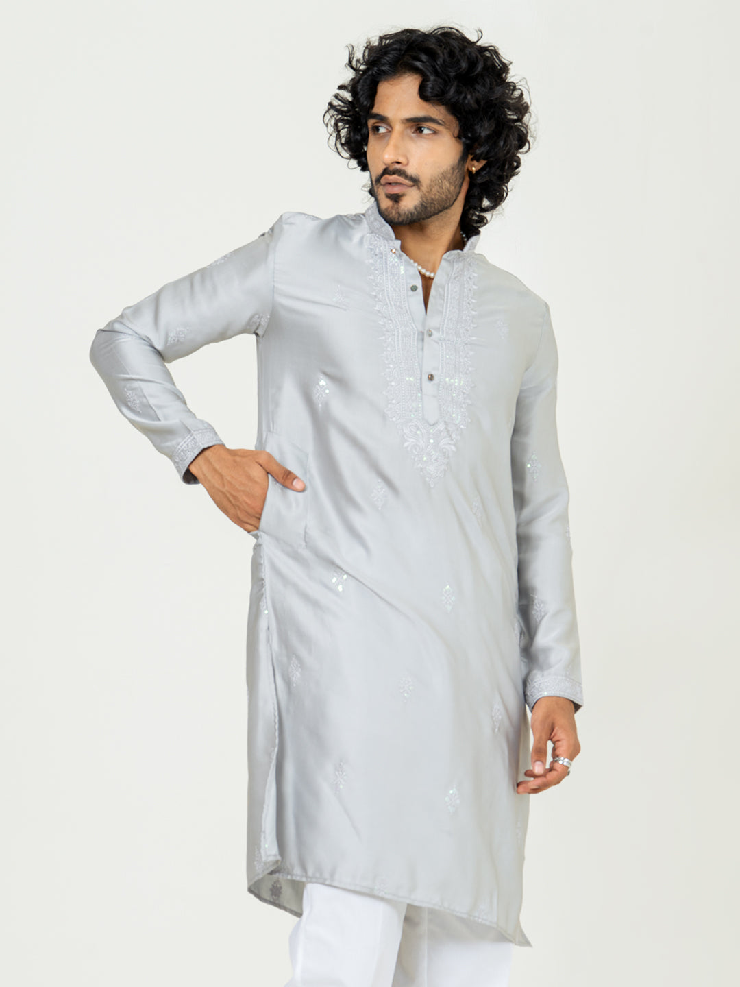 Grey Heavy Embroidered Kurta For Men