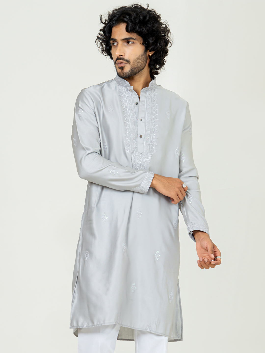 Grey Heavy Embroidered Kurta For Men