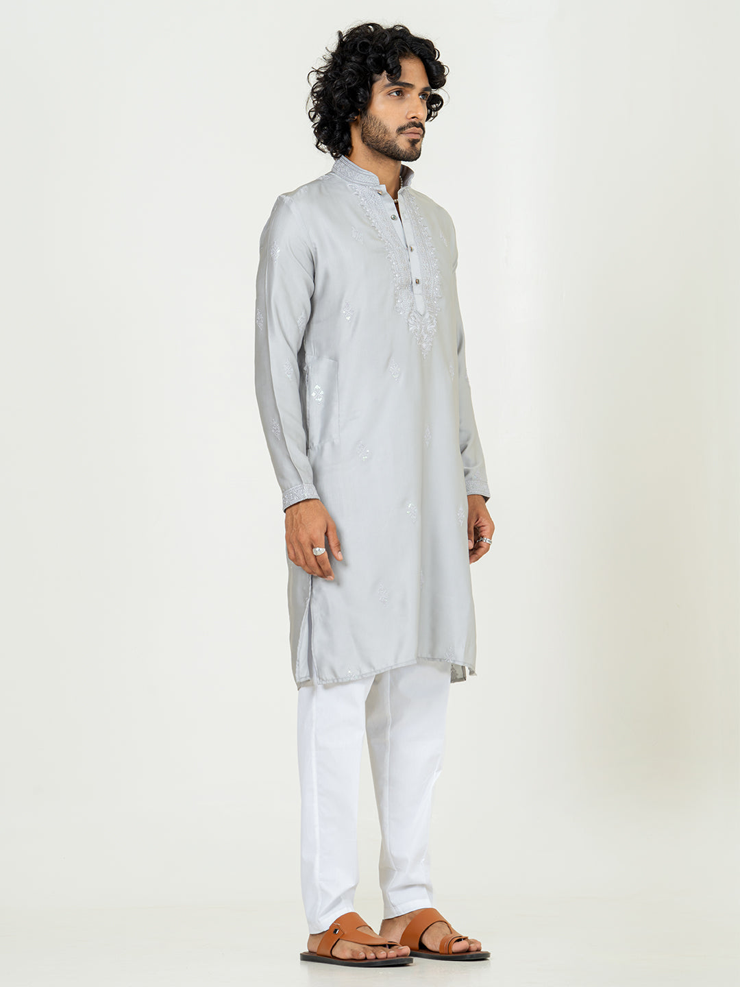 Grey Heavy Embroidered Kurta For Men