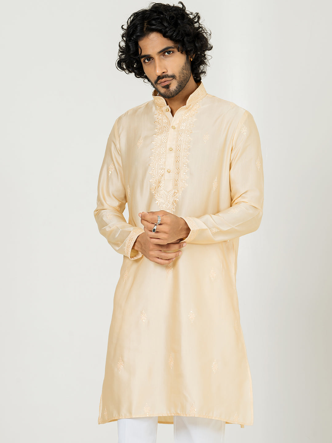 Light Orange Heavy Embroidered Kurta For Men