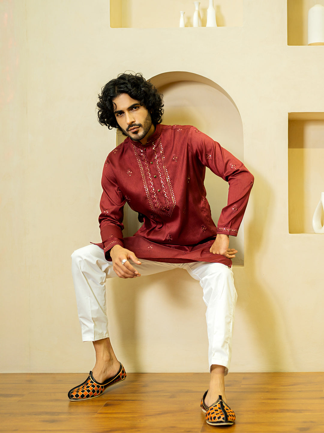 Red Heavy Embroidered Kurta For Men