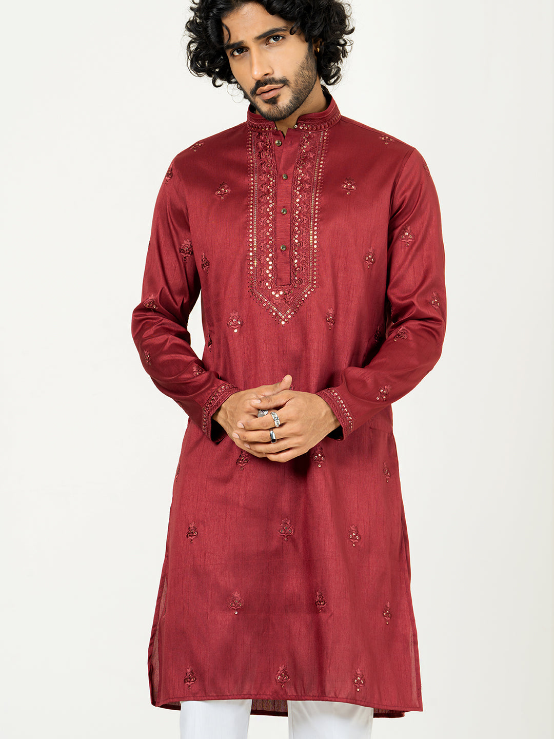 Red Heavy Embroidered Kurta For Men