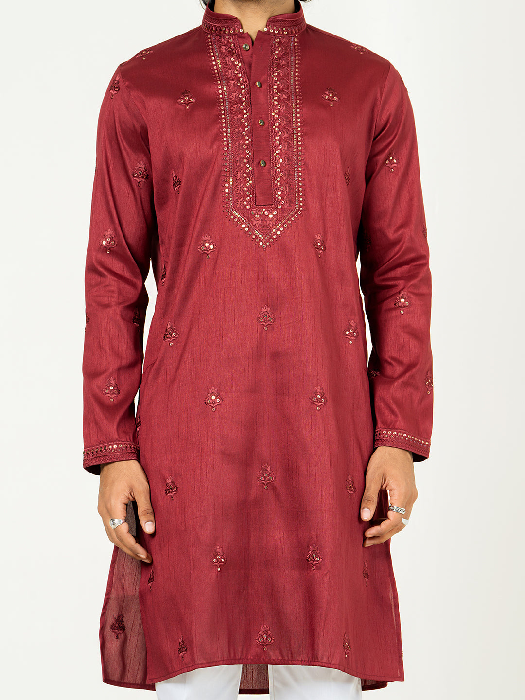 Red Heavy Embroidered Kurta For Men