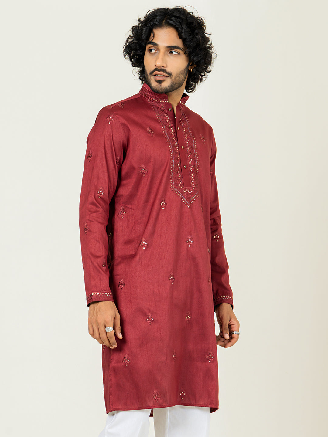 Red Heavy Embroidered Kurta For Men