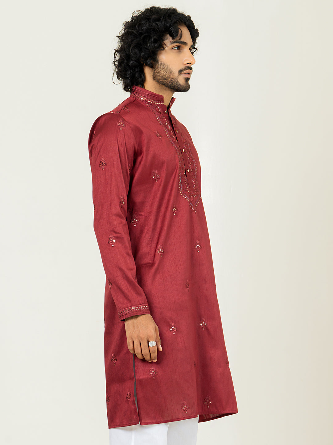 Red Heavy Embroidered Kurta For Men