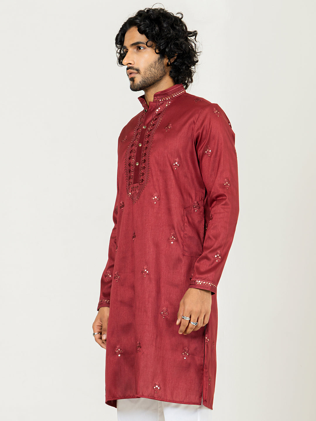 Red Heavy Embroidered Kurta For Men