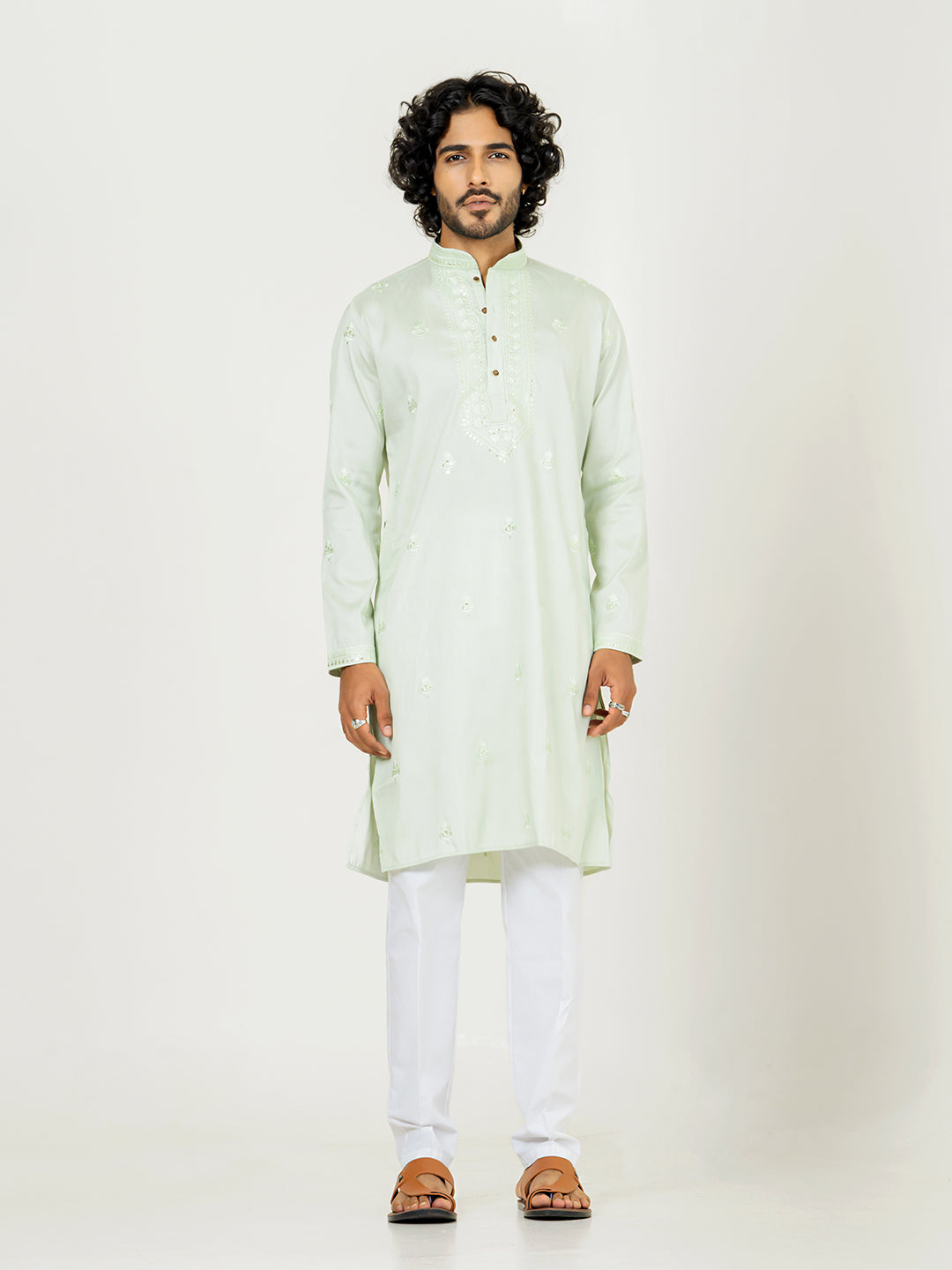 Mint Green Heavy Embroidered Kurta For Men