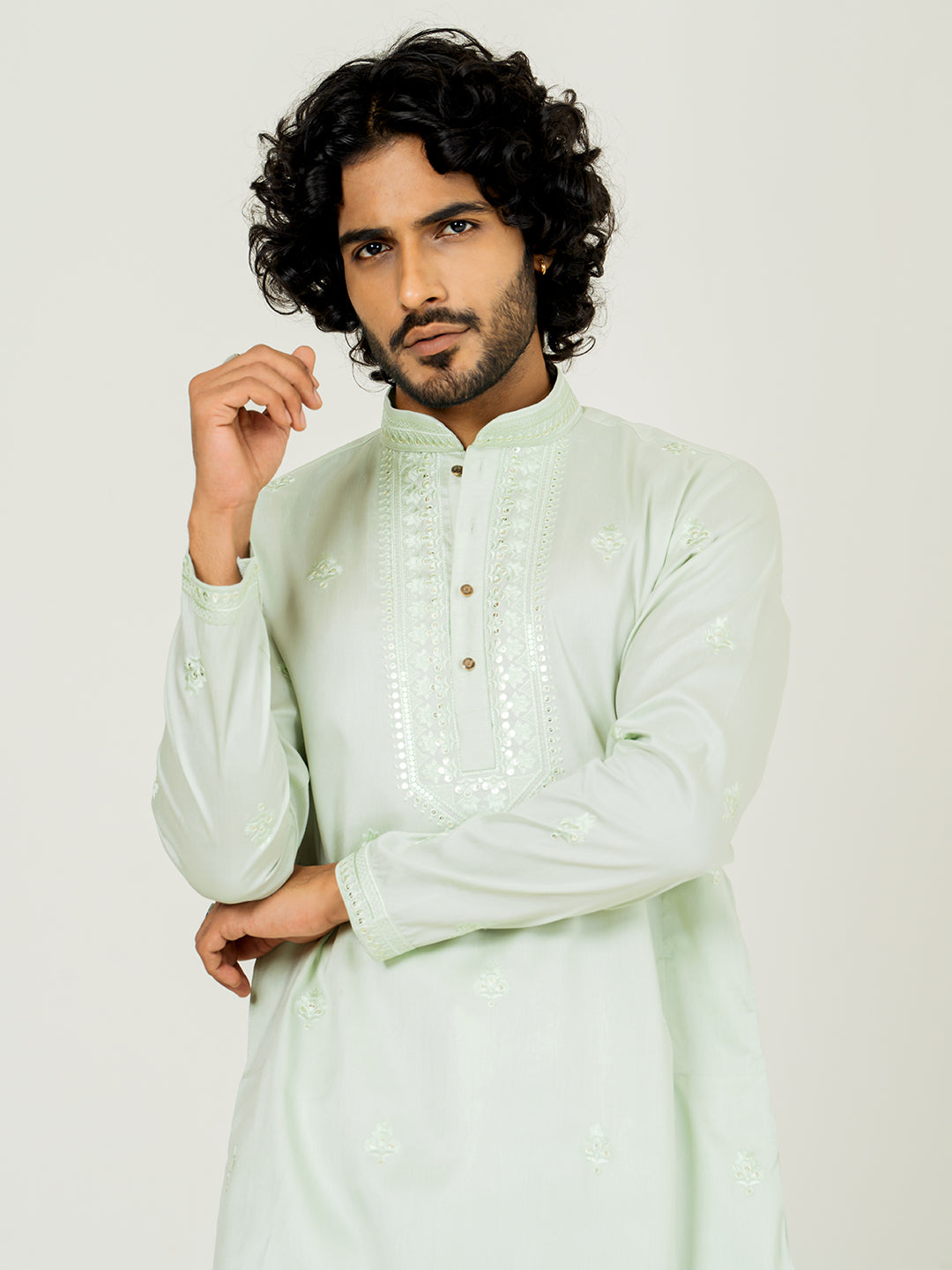 Mint Green Heavy Embroidered Kurta For Men