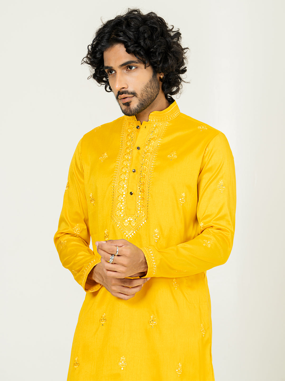 Yellow Heavy Embroidered Kurta For Men