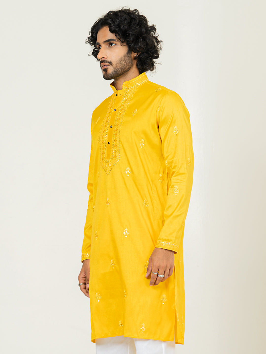 Yellow Heavy Embroidered Kurta For Men