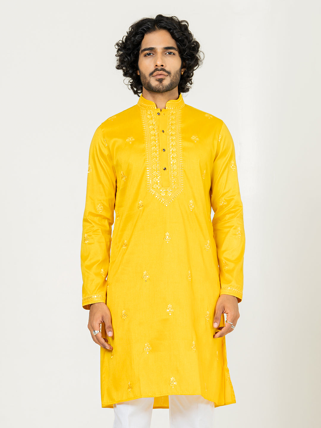 Yellow Heavy Embroidered Kurta For Men