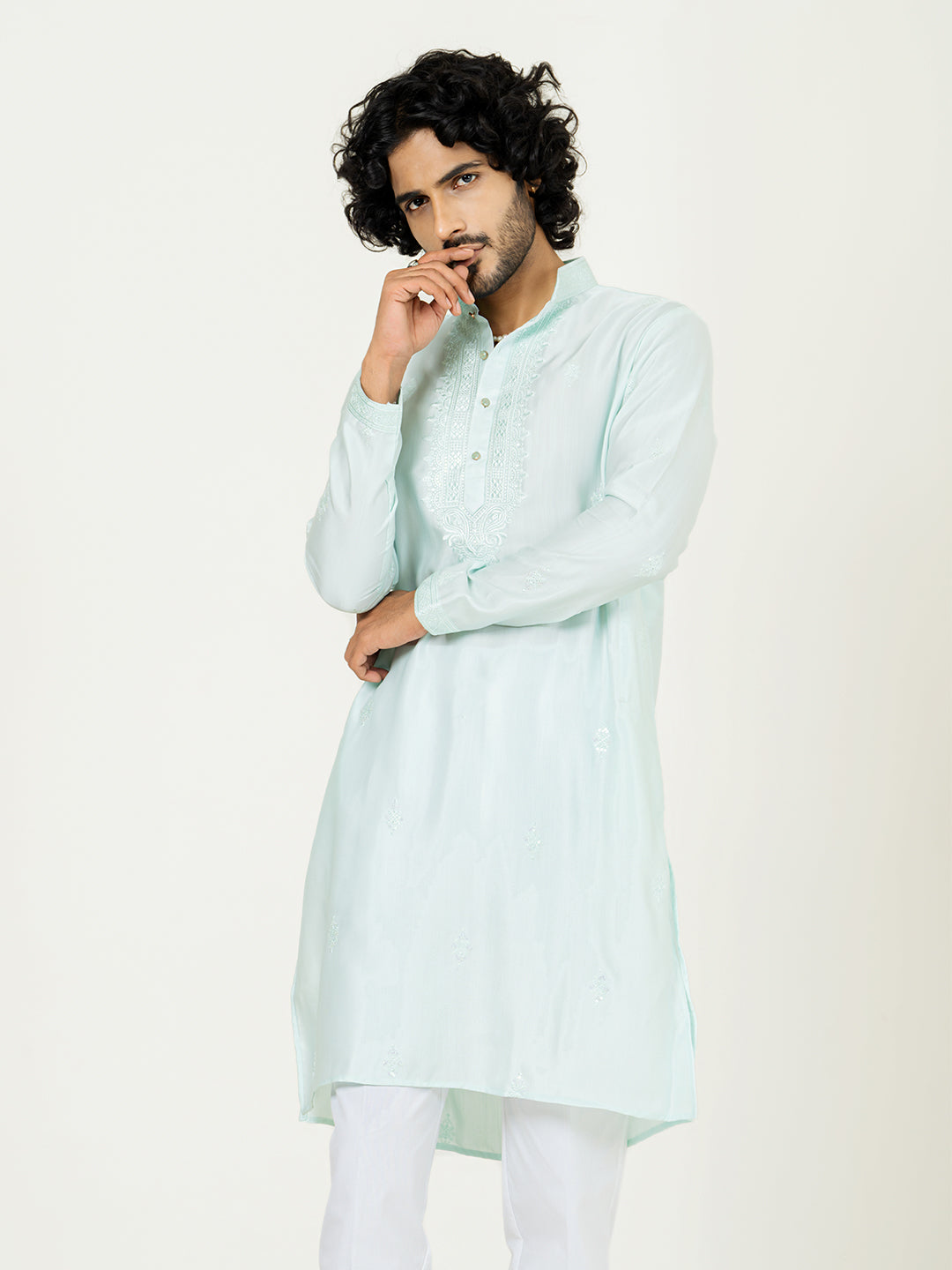 Sky Blue Heavy Embroidered Kurta For Men