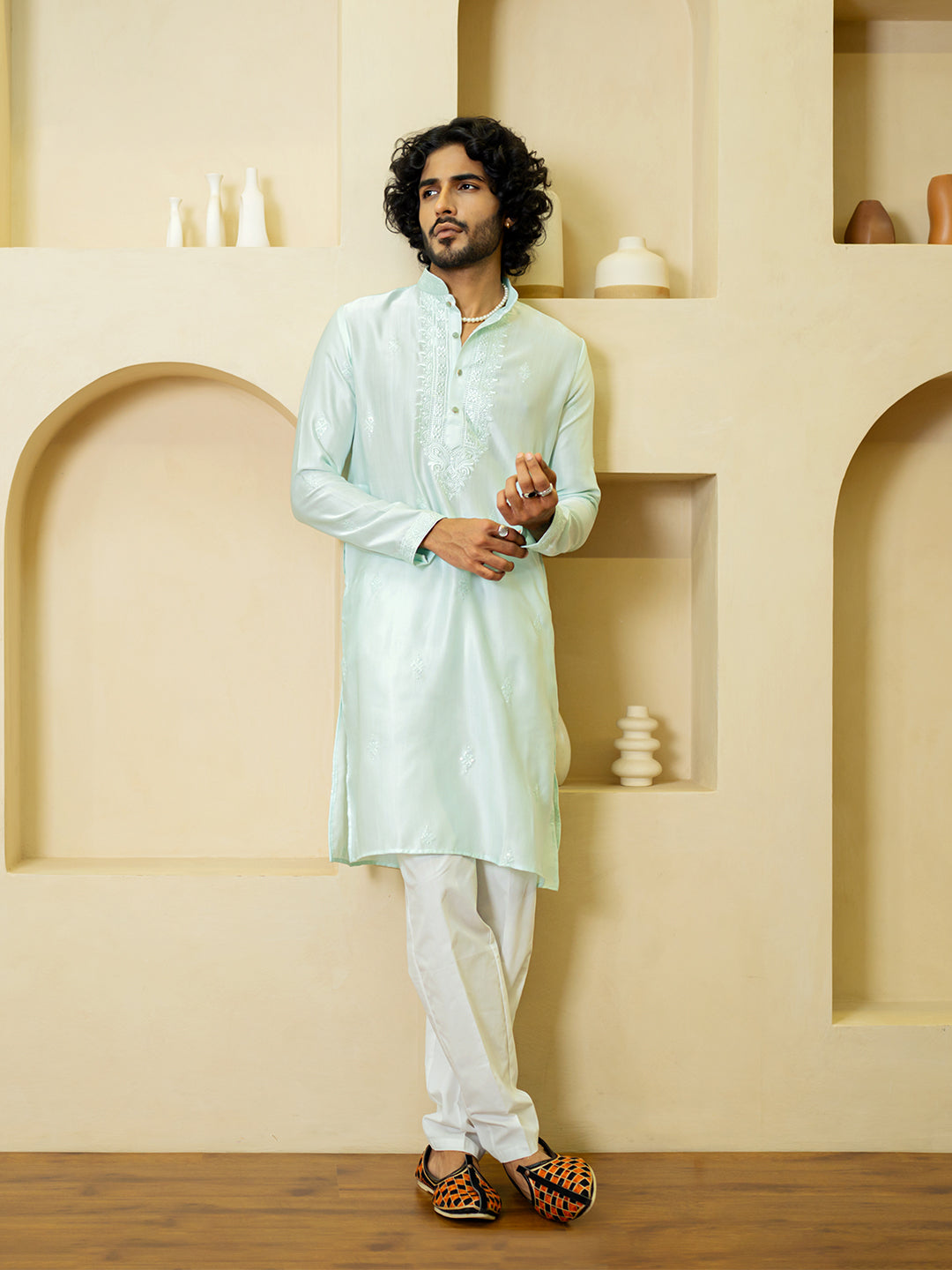 Sky Blue Heavy Embroidered Kurta For Men