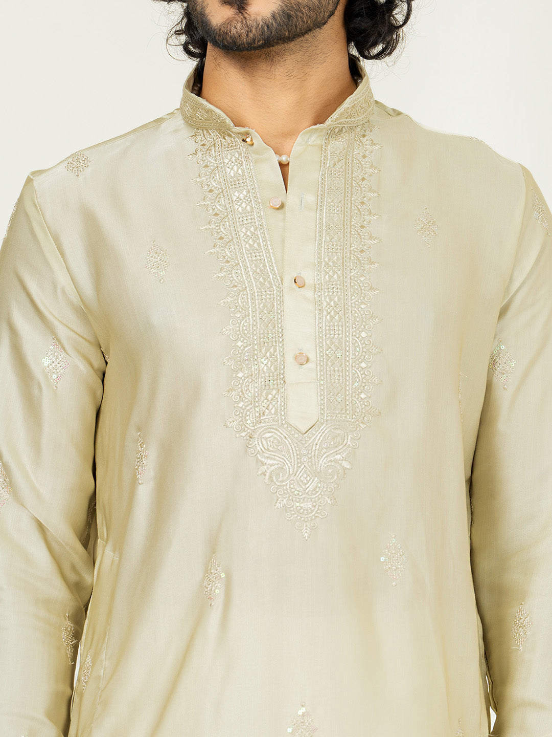 Cream Heavy Embroidered Kurta For Men