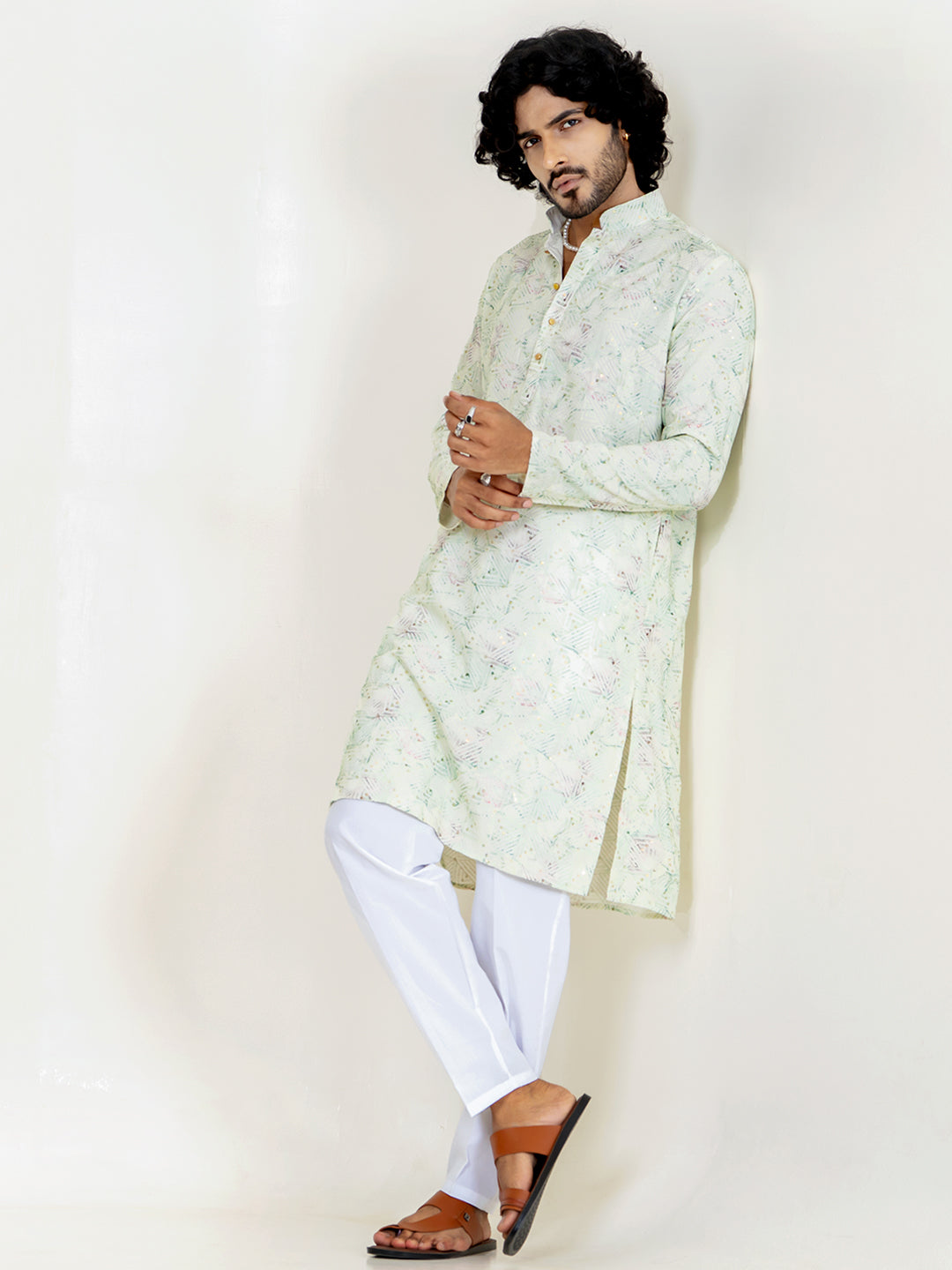 Mint Green Embroidered Sequences Kurta For Men