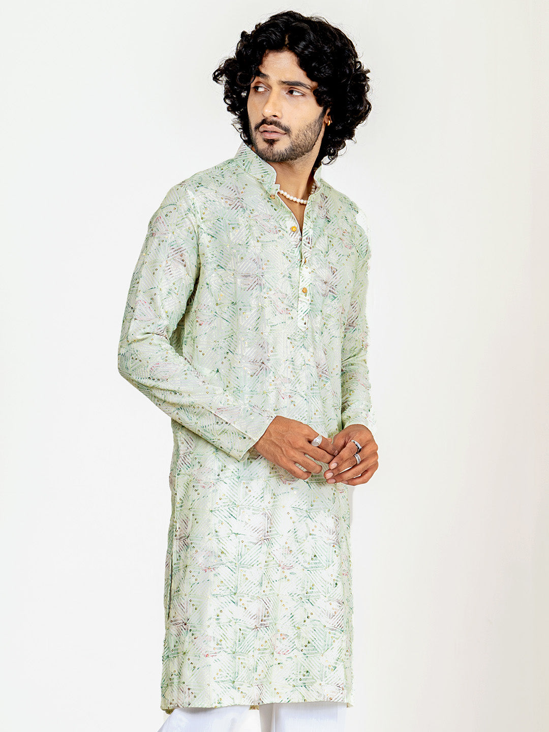 Mint Green Embroidered Sequences Kurta For Men