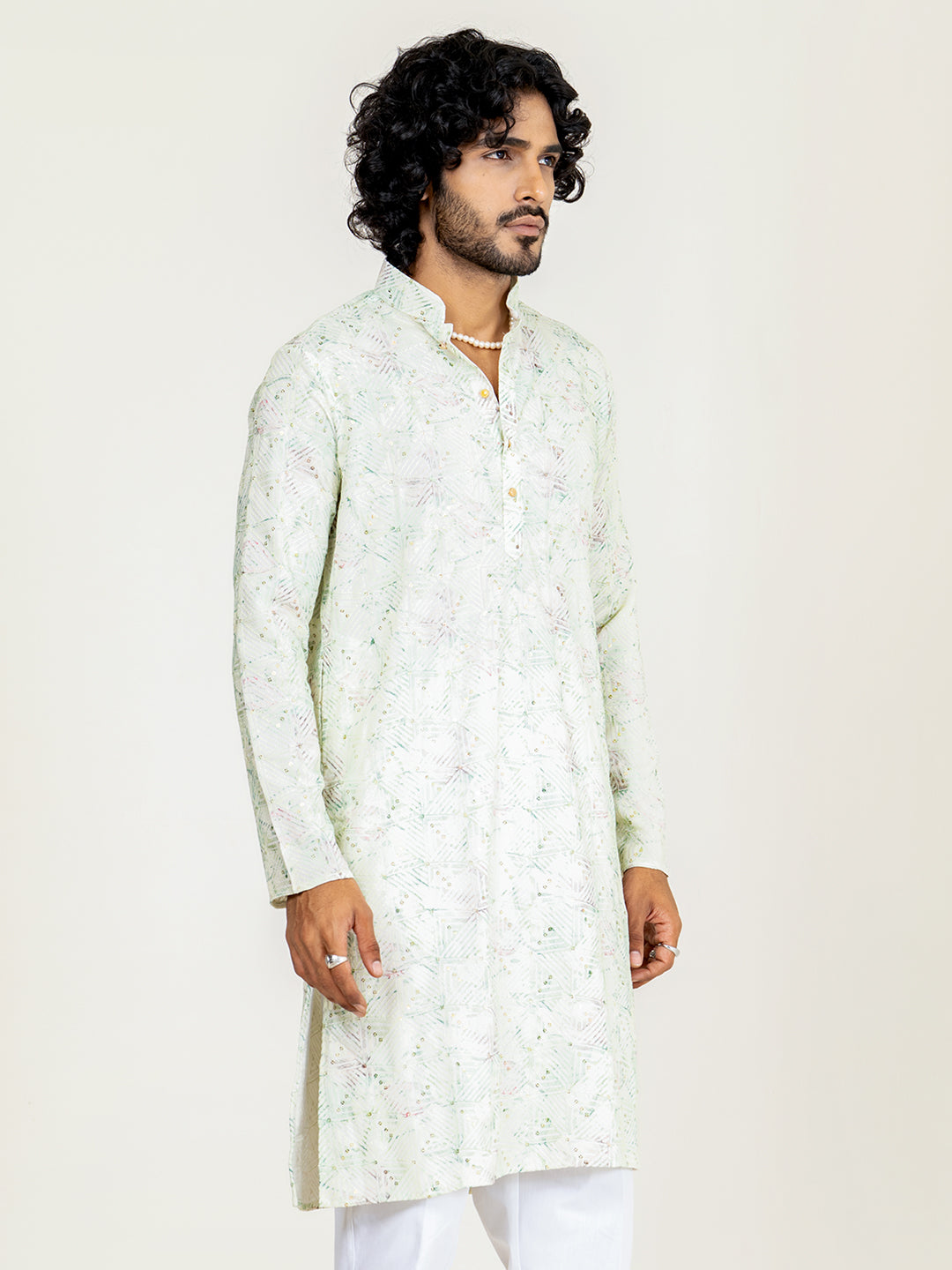 Mint Green Embroidered Sequences Kurta For Men