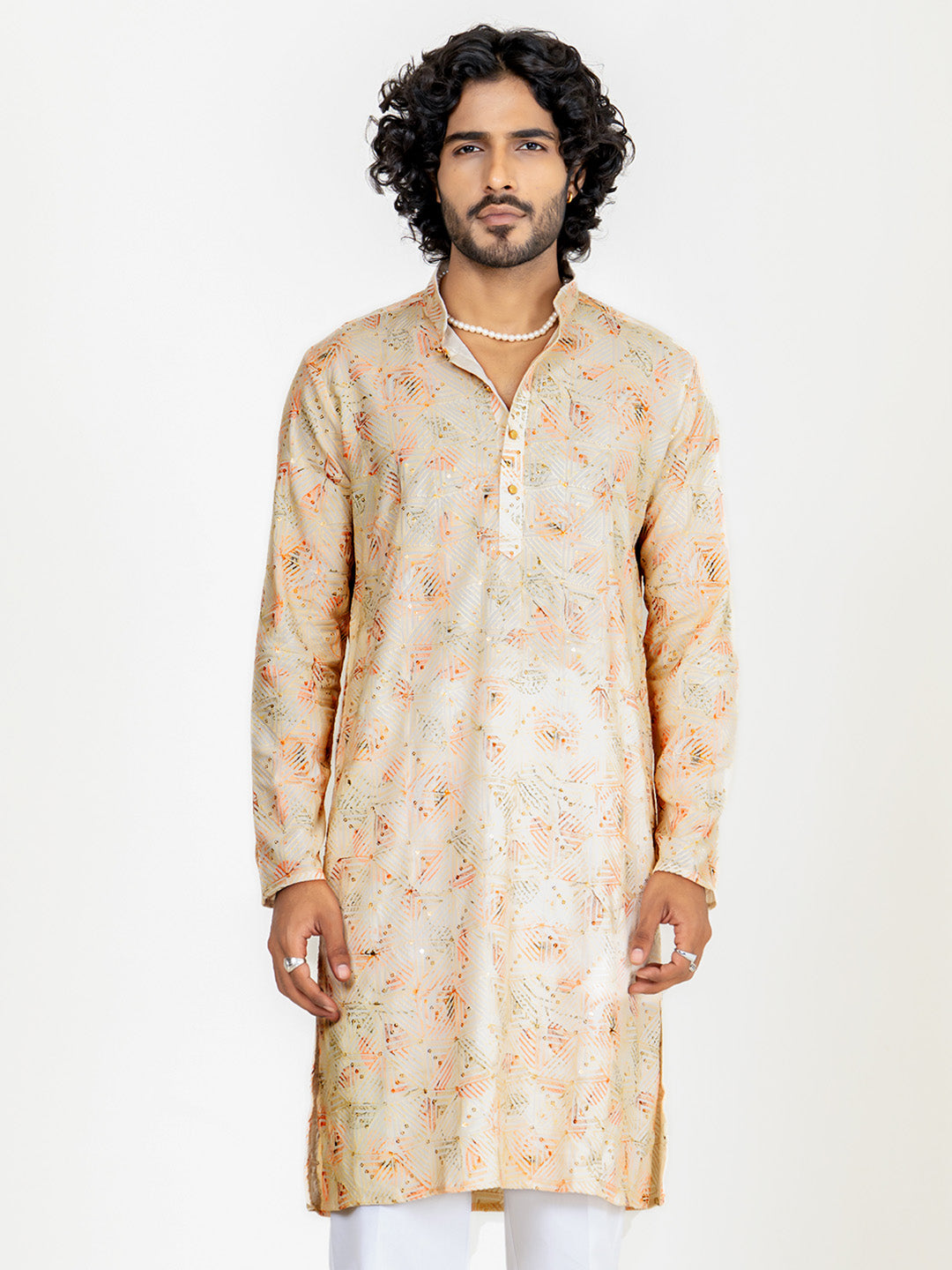 Orange Cream Embroidered Sequences Kurta For Men