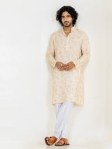 Orange Cream Embroidered Sequences Kurta For Men