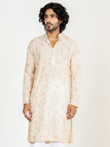 Orange Cream Embroidered Sequences Kurta For Men