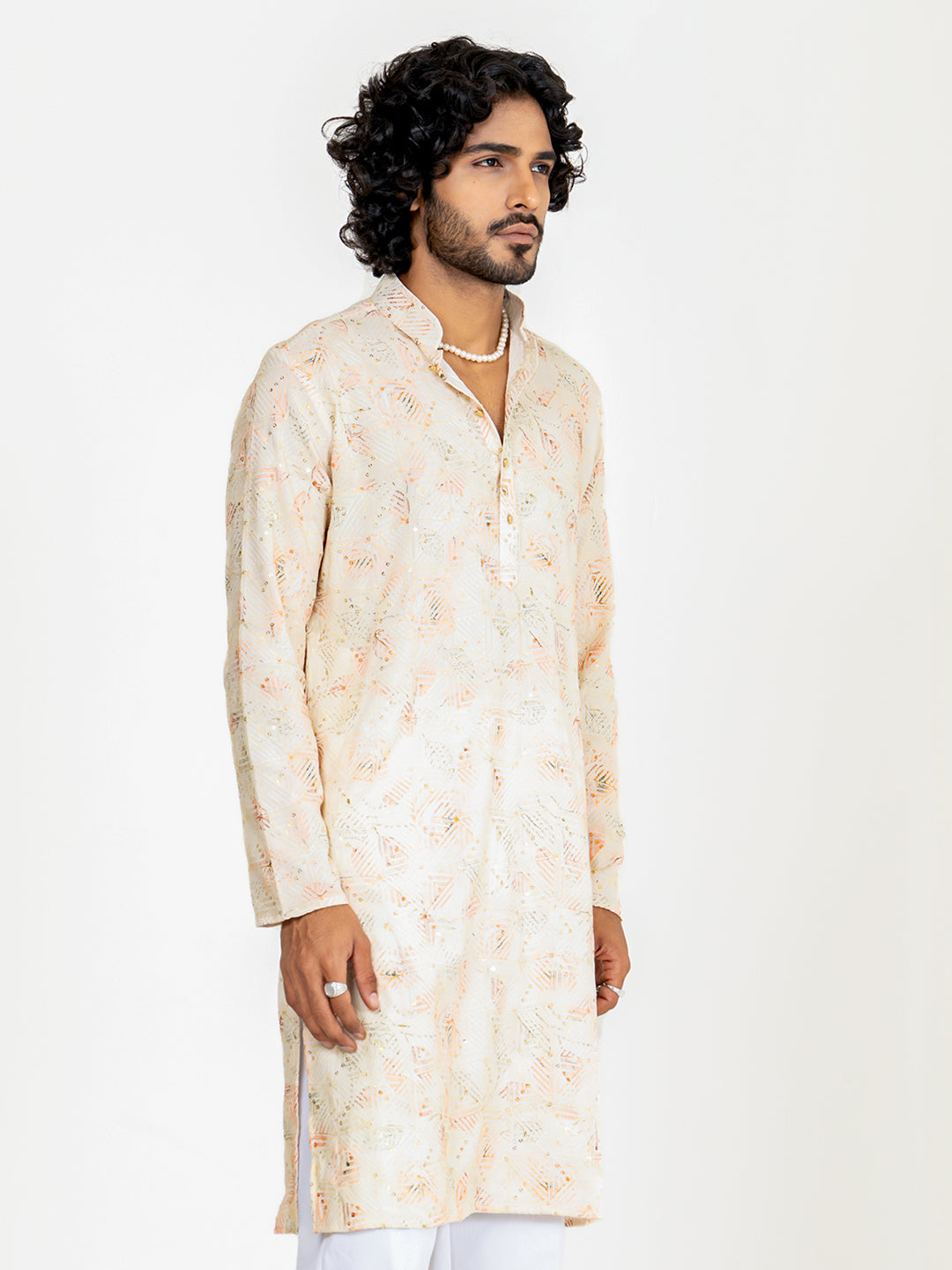 Orange Cream Embroidered Sequences Kurta For Men