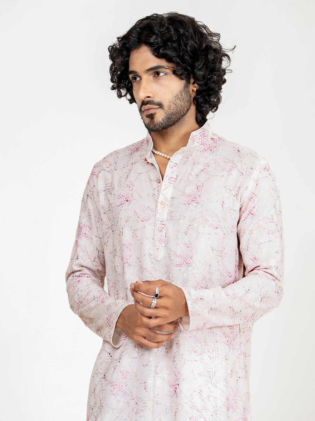 Pink White Embroidered Sequences Kurta For Men