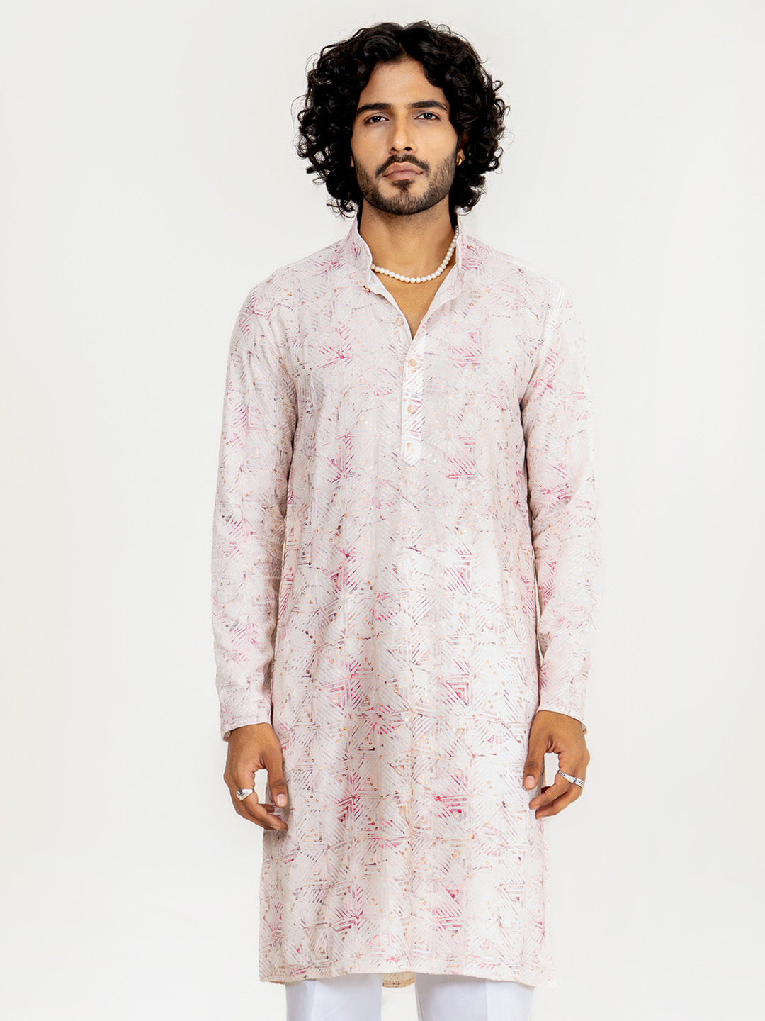 Pink White Embroidered Sequences Kurta For Men