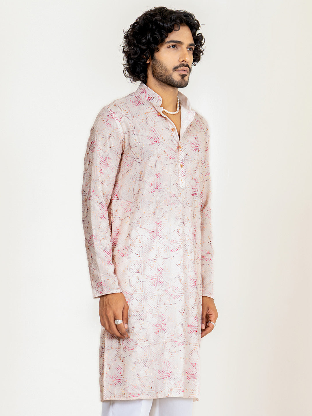 Pink White Embroidered Sequences Kurta For Men