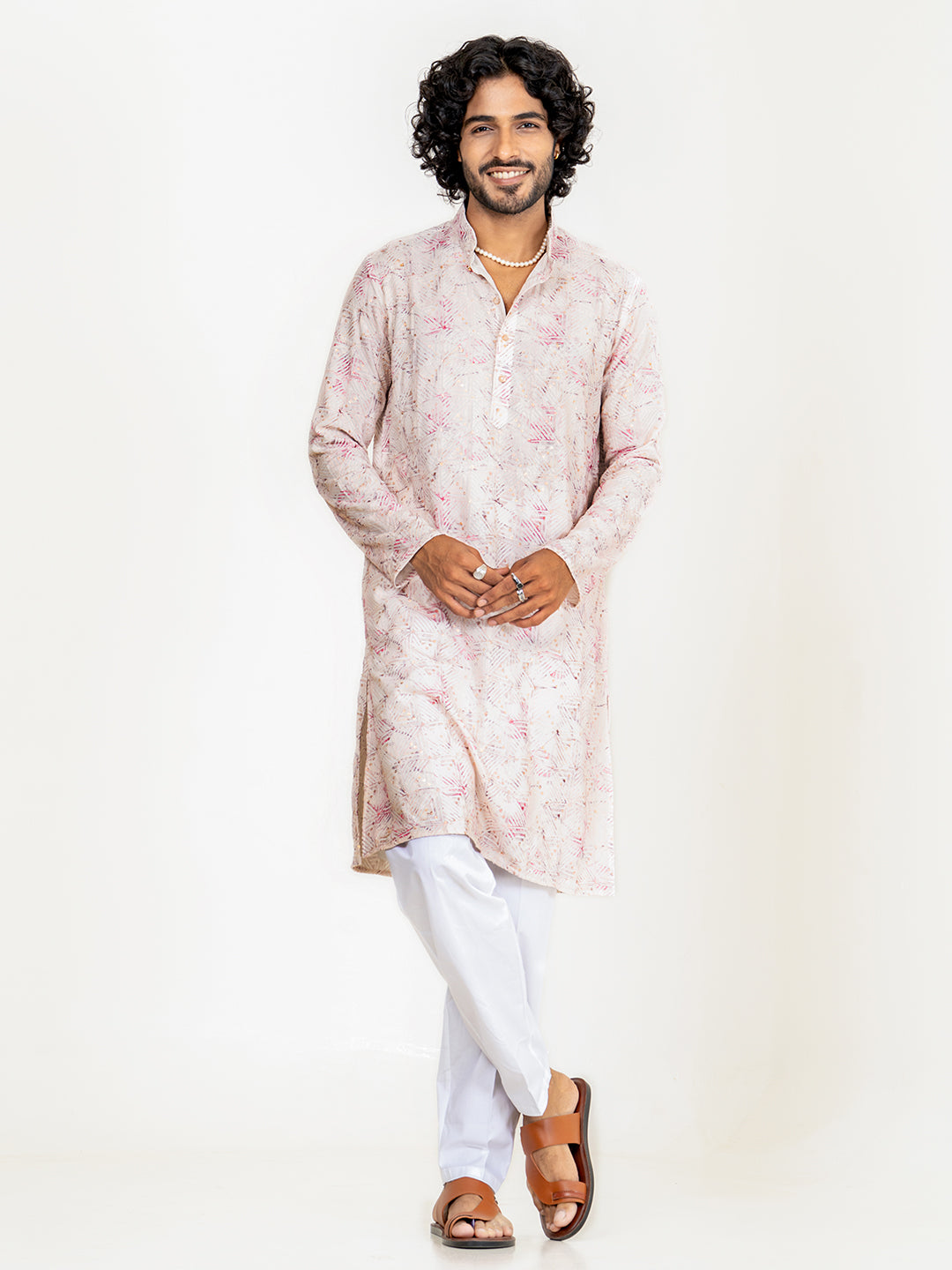 Pink White Embroidered Sequences Kurta For Men