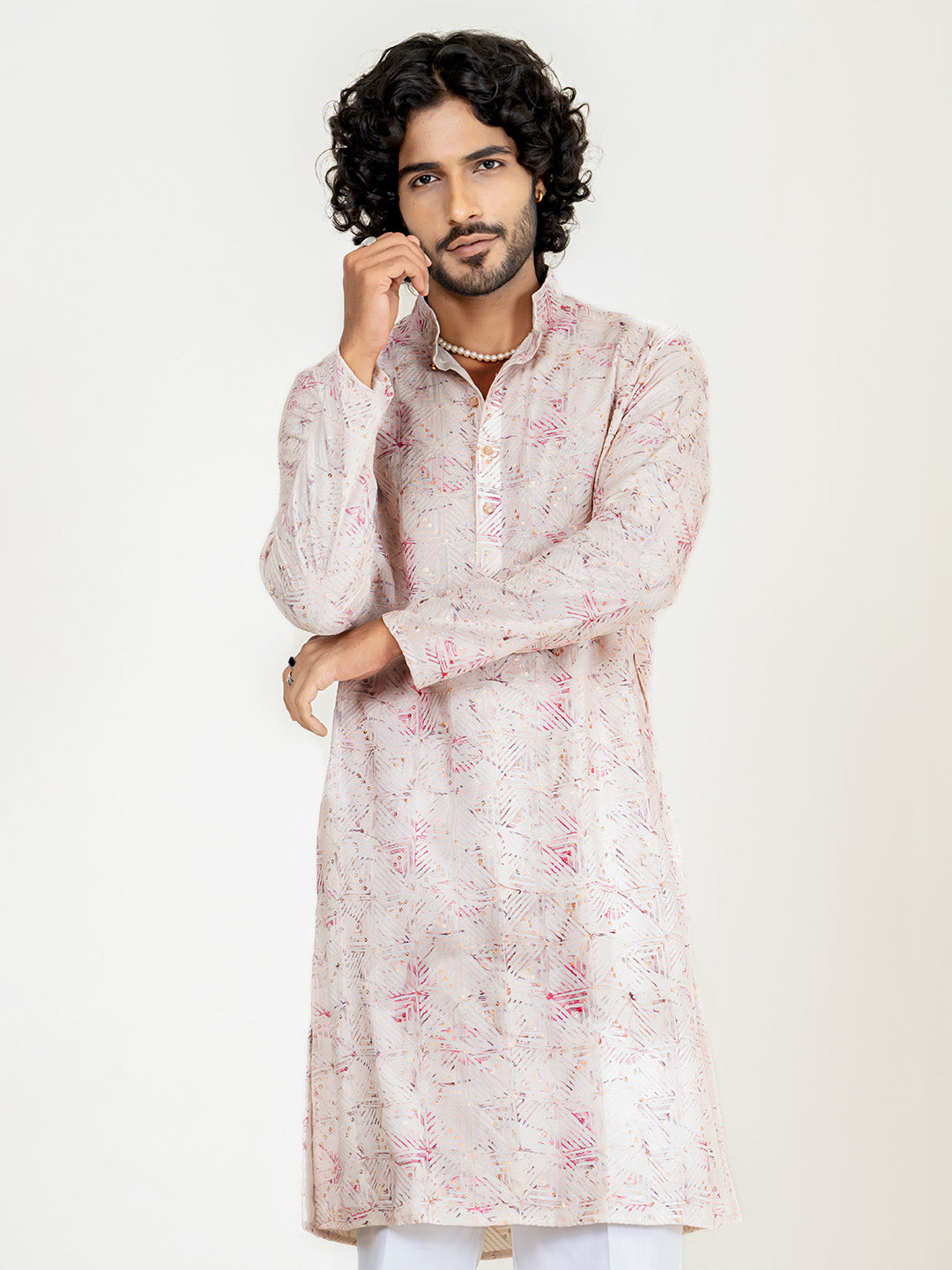 Pink White Embroidered Sequences Kurta For Men