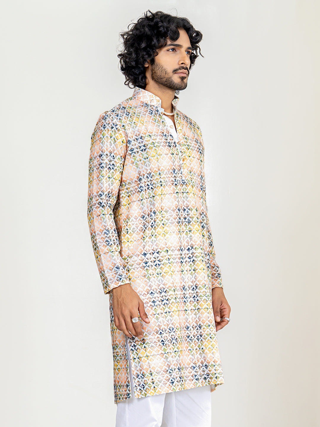 Orange Yellow Embroidered Kurta for Men