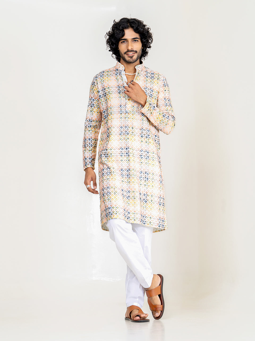 Orange Yellow Embroidered Kurta for Men