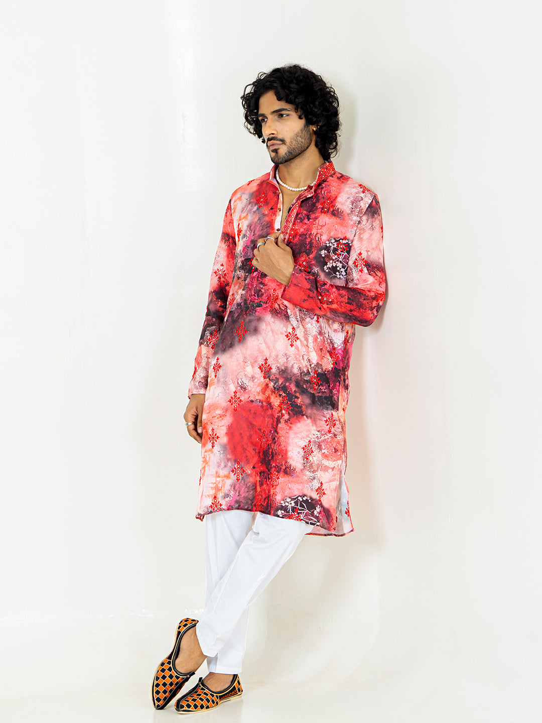 Dark Red and Black Mirror Embroidered Kurta