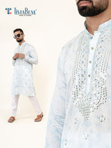 Sky & White Sequence Embroidered Men's Kurta