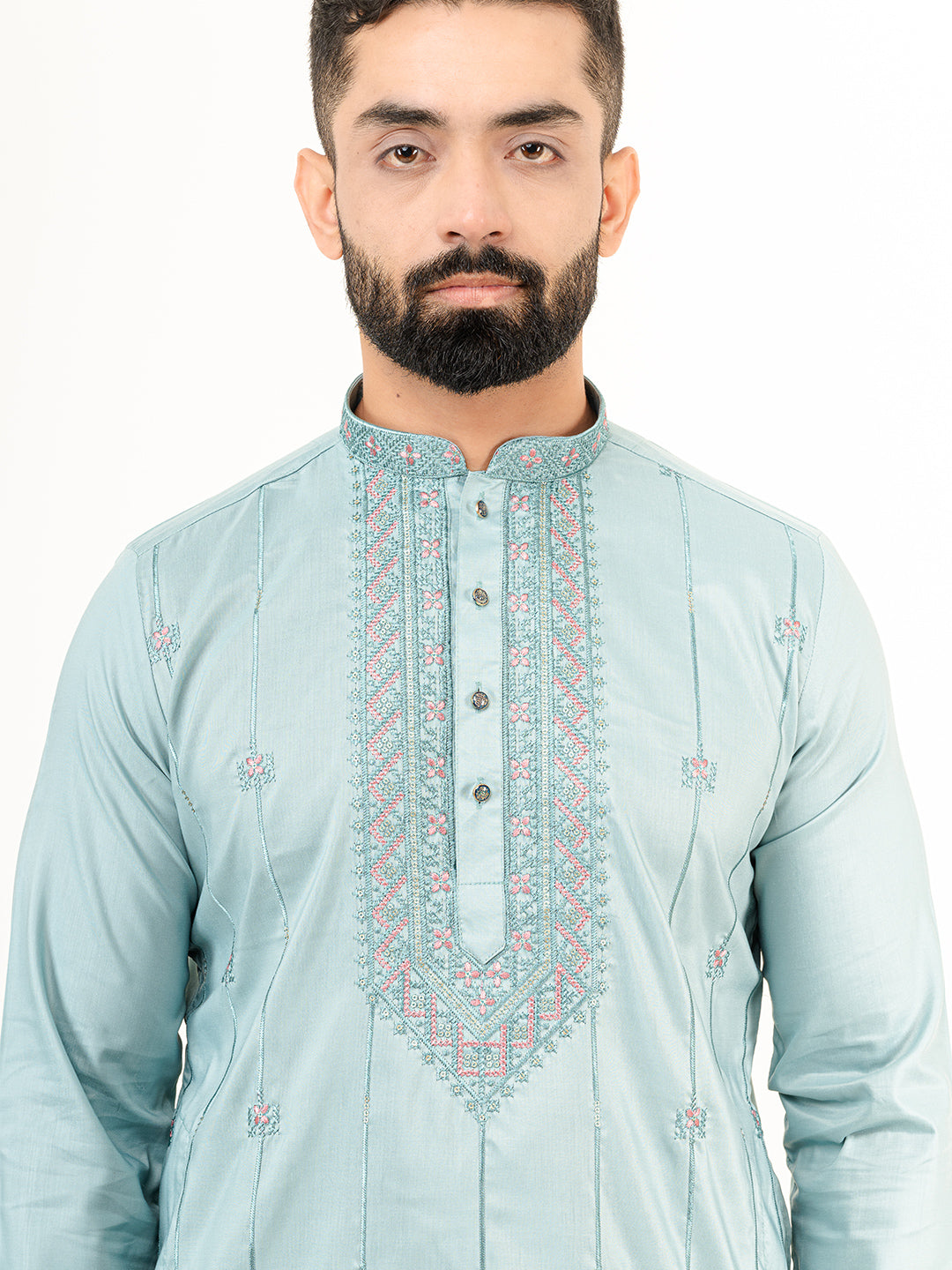 Cadet Blue Abstract SIlk Embroidered Kurta