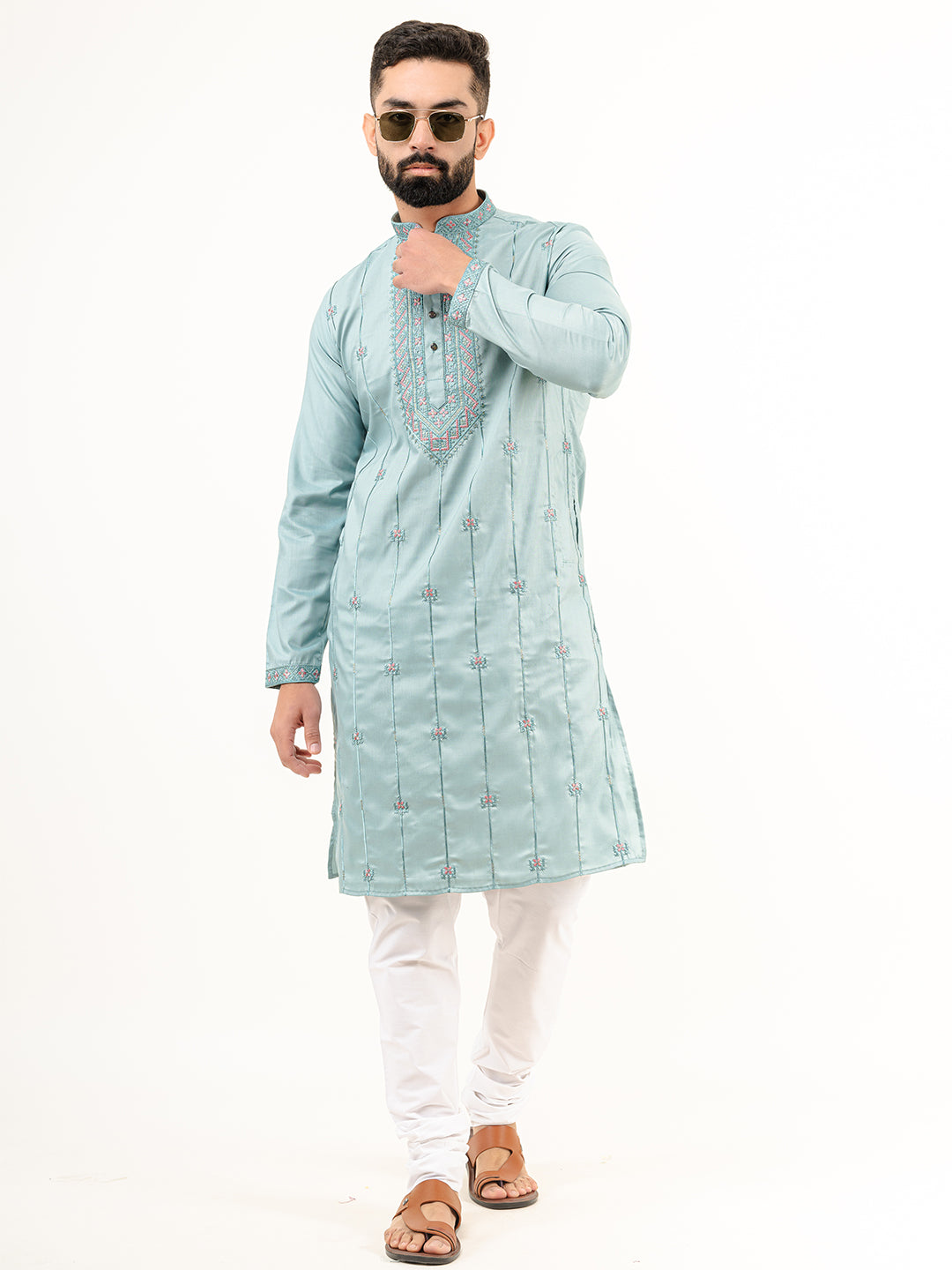 Cadet Blue Abstract SIlk Embroidered Kurta