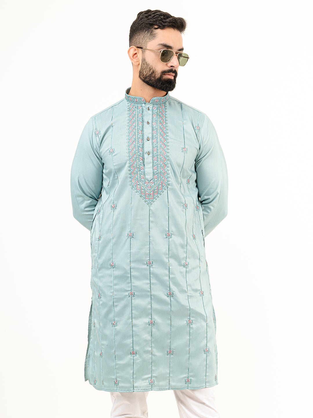 Cadet Blue Abstract SIlk Embroidered Kurta