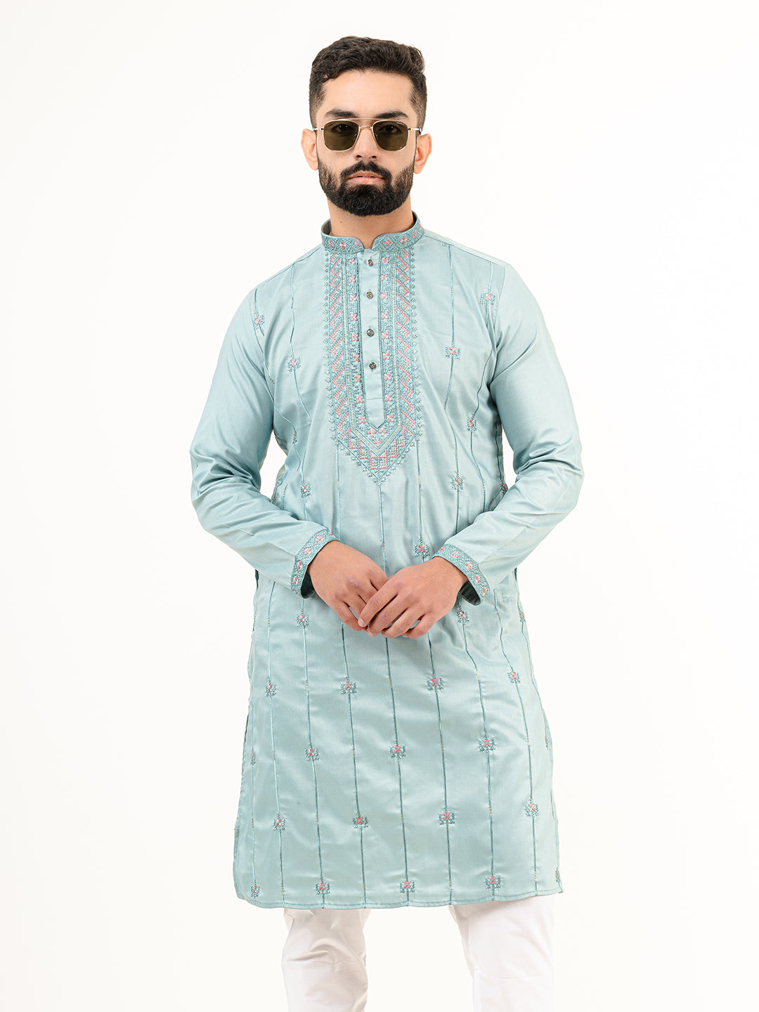 Cadet Blue Abstract SIlk Embroidered Kurta