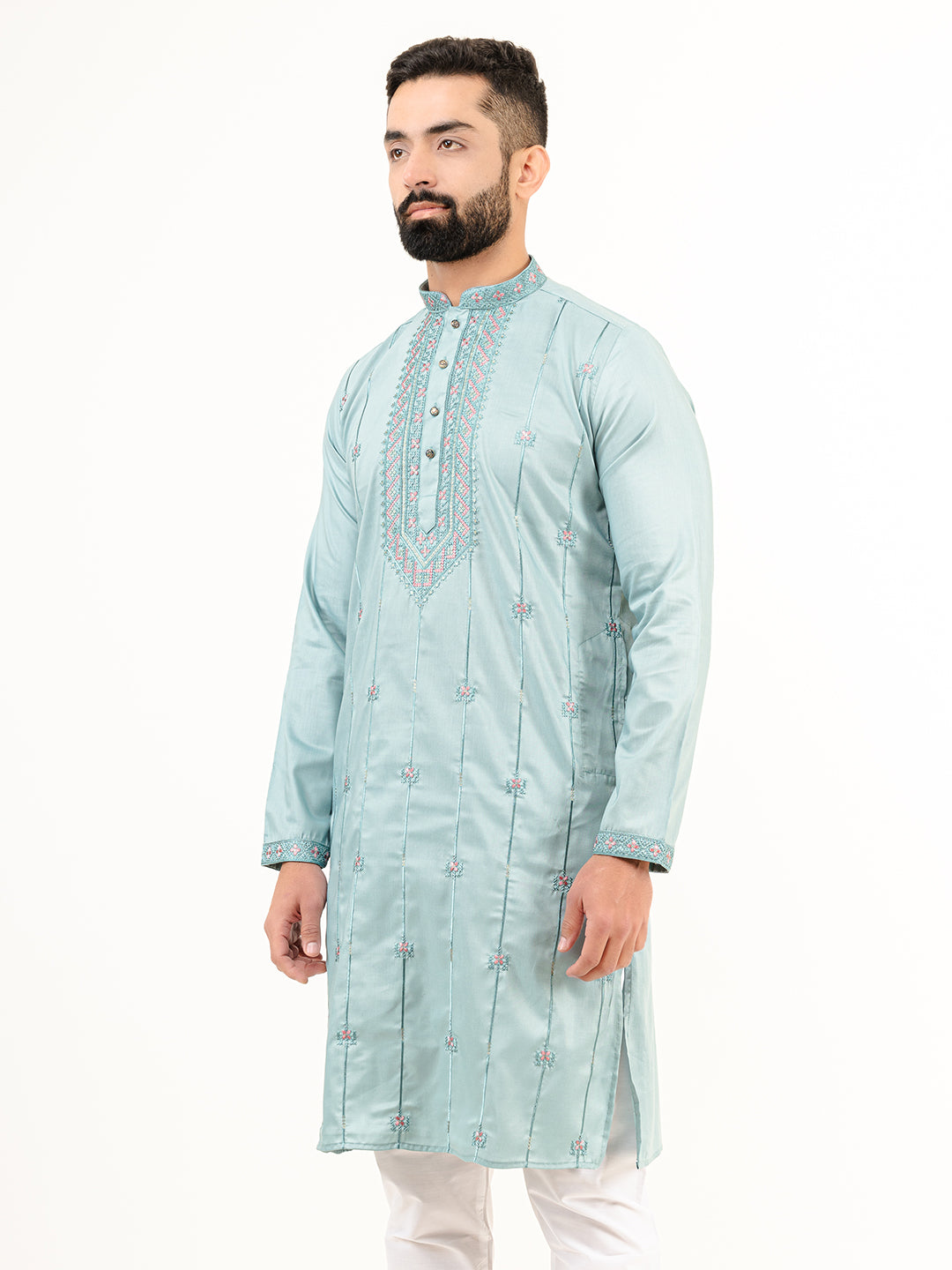 Cadet Blue Abstract SIlk Embroidered Kurta