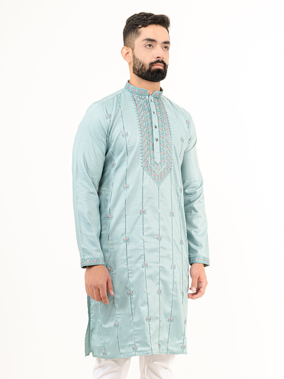 Cadet Blue Abstract SIlk Embroidered Kurta