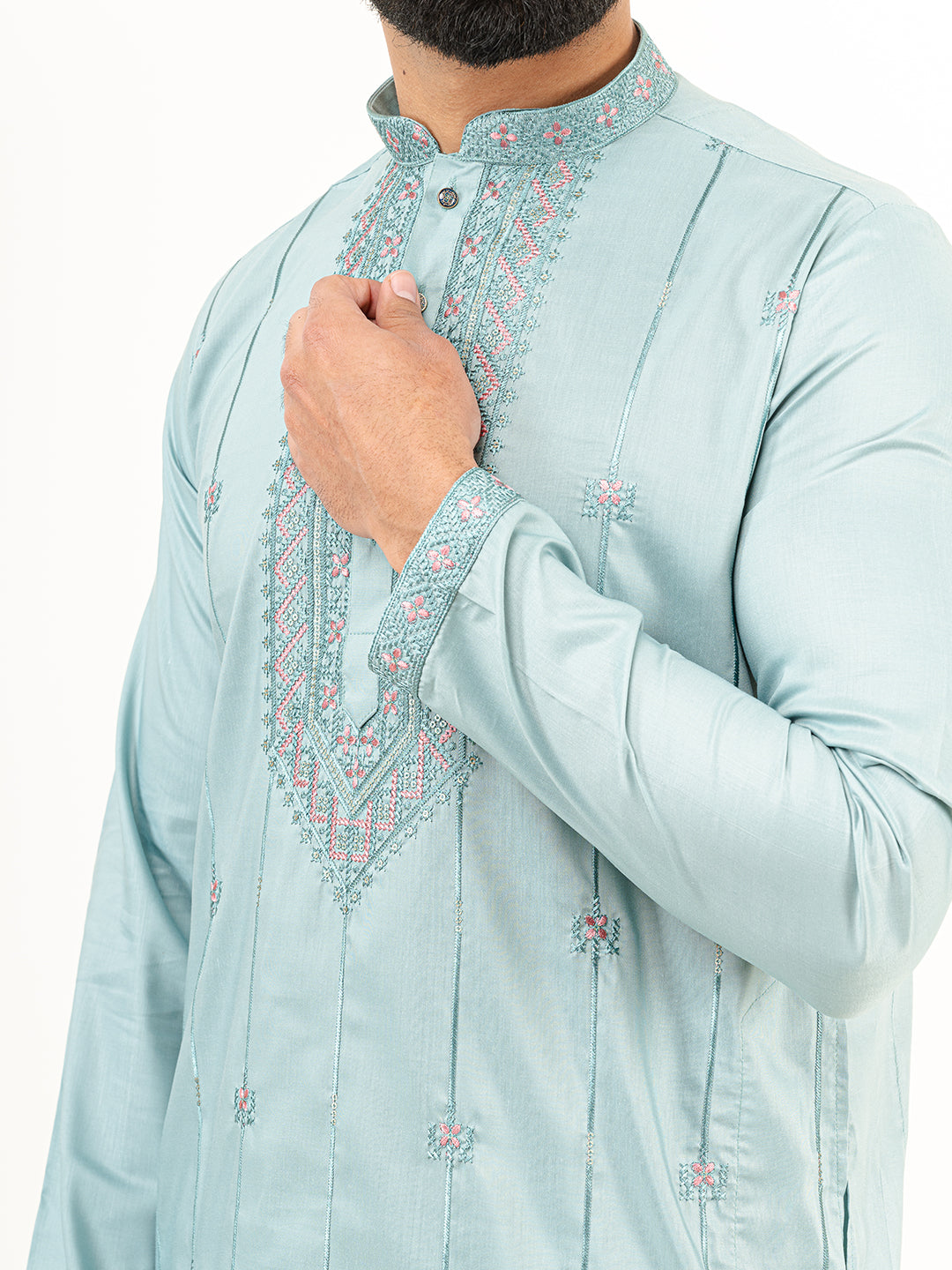 Cadet Blue Abstract SIlk Embroidered Kurta